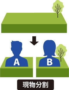 現物分割：土地であれば分筆をしてそれぞれの持ち分に応じて分けることになる事を表した図