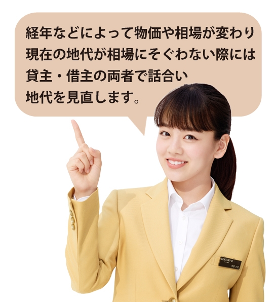 『経年などによって物価や相場が変わり現在の地代が相場にそぐわない際には借主・借主の両者で話合い地代を見直します。』と説明している図